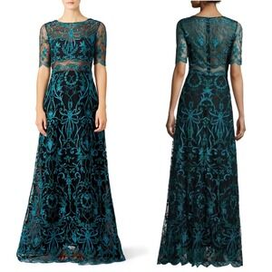 Marchesa Notte‎ Teal Elizabeth Gown Embroidered Lace A-line - Size 4